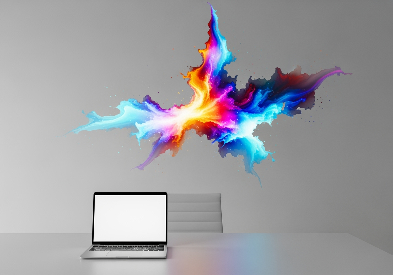 A minimalist office with a laptop and a wall projection of colorful light, symbolizing creative efficiency with AI.