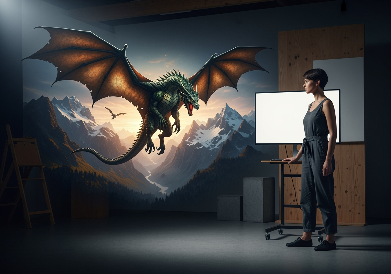 An artist in a studio watching a vivid scene of a dragon materialize from their imagination, visualizing a creative idea.