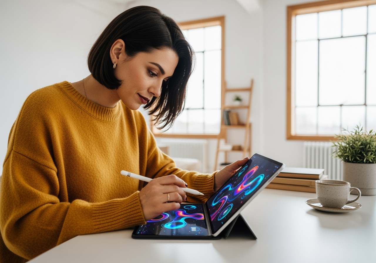 A creative professional using a tablet to generate an AI video in a modern studio, representing a fast and seamless workflow.