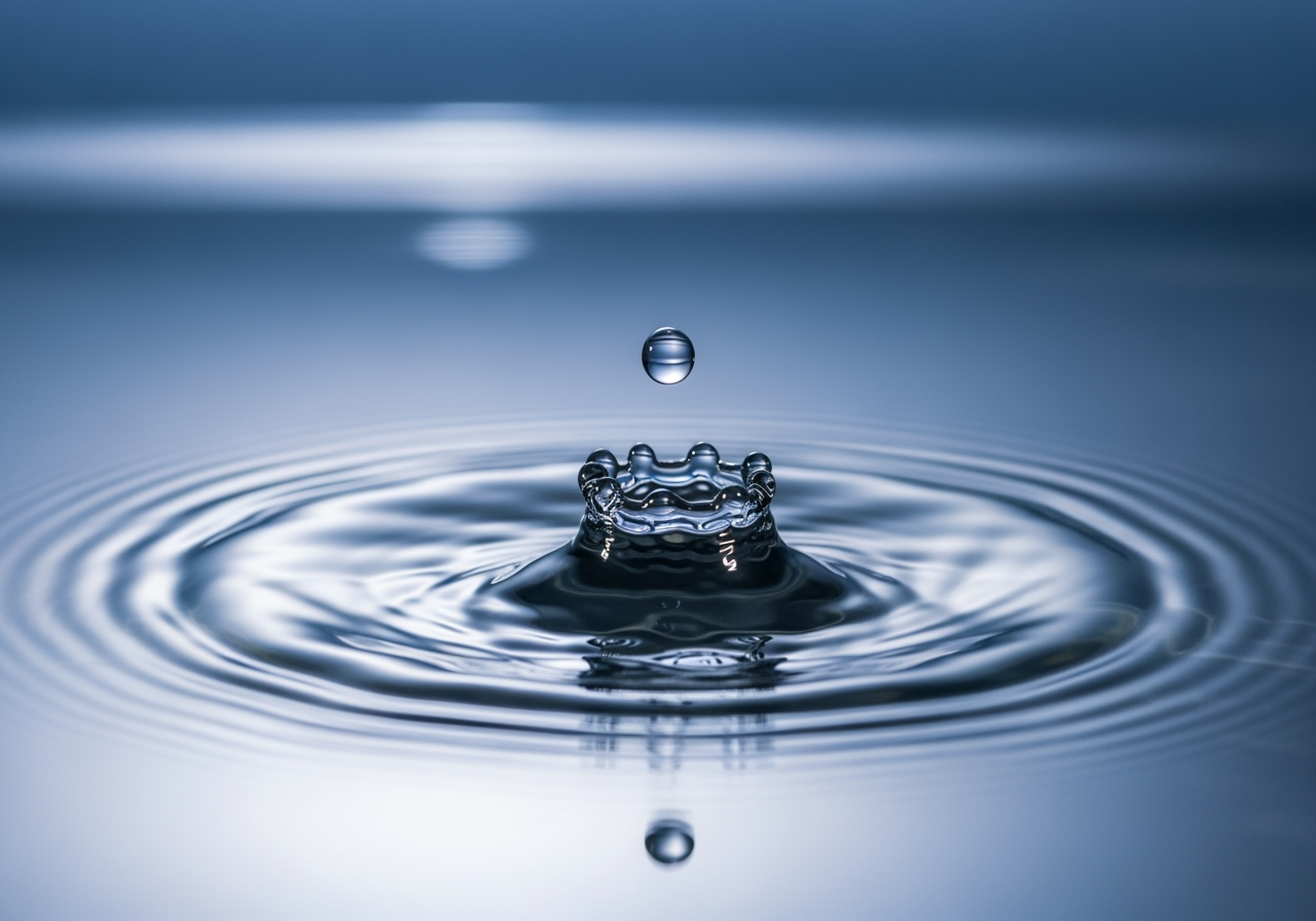 A macro shot of a water droplet splashing, representing realistic AI physics simulation and high-quality video.