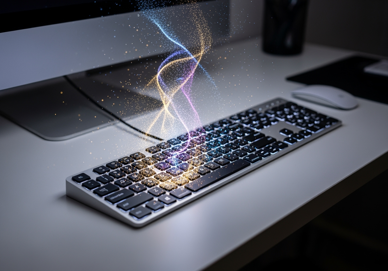 A minimalist keyboard with a colorful stream of light, symbolizing the easy text-to-video creation process.