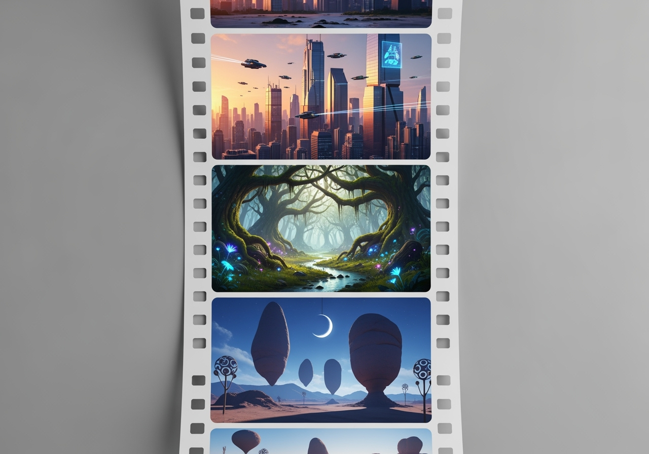 A film strip showing multiple fantastical worlds, symbolizing infinite creative possibilities with AI video generation.