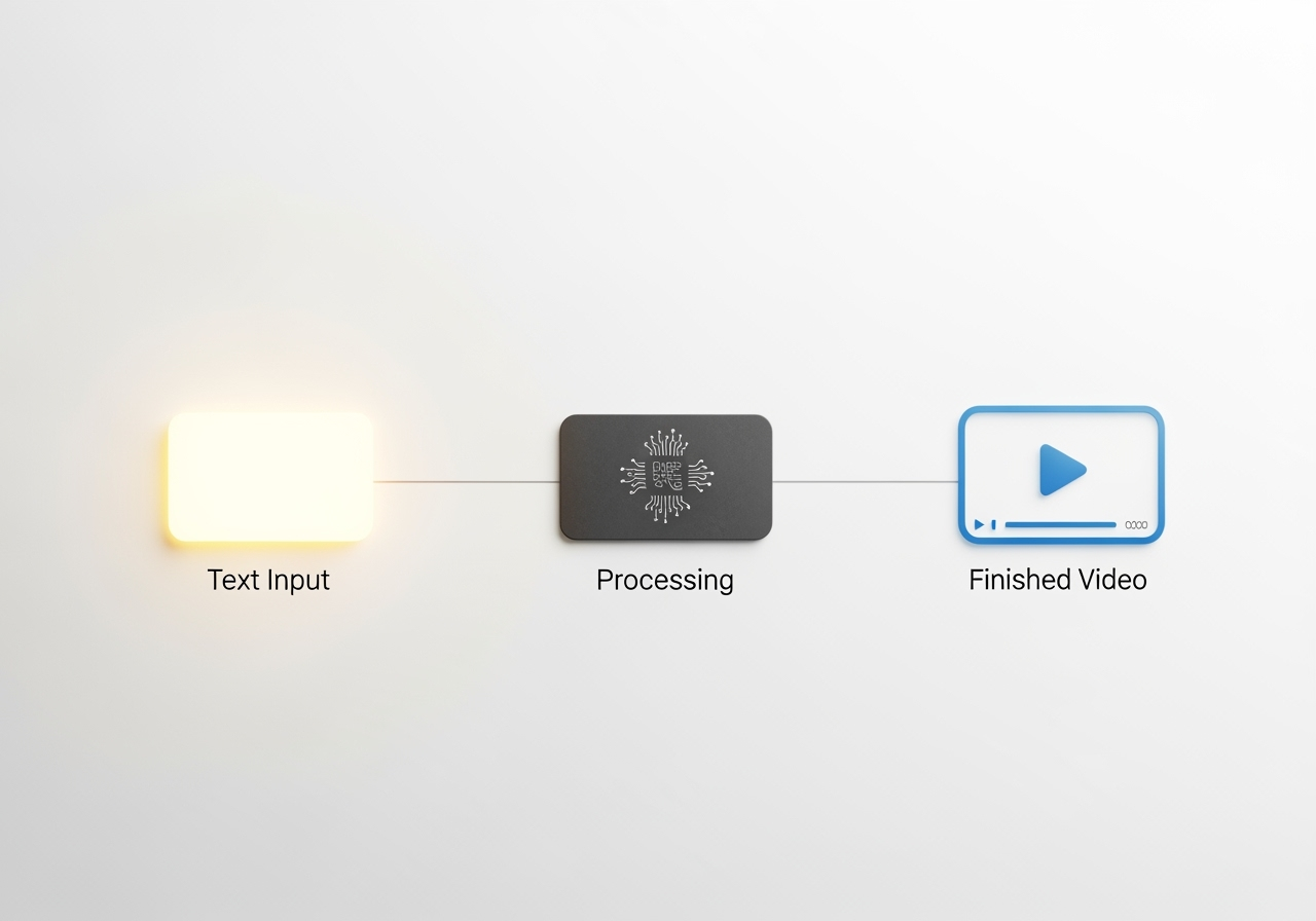 A minimalist graphic showing a simple three-step flow from text to a generated video.