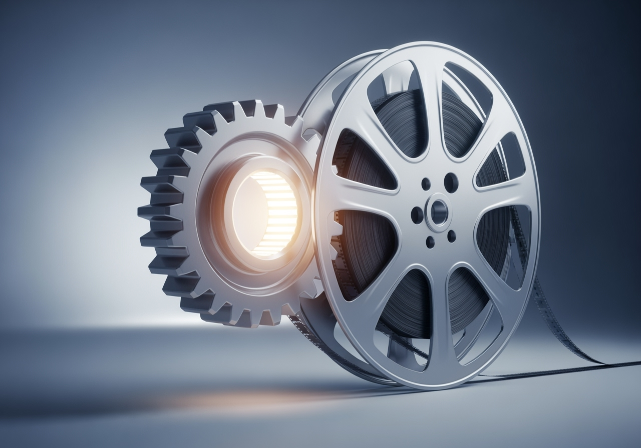 A minimalist image of a small gear moving a large film reel, symbolizing content creation efficiency.