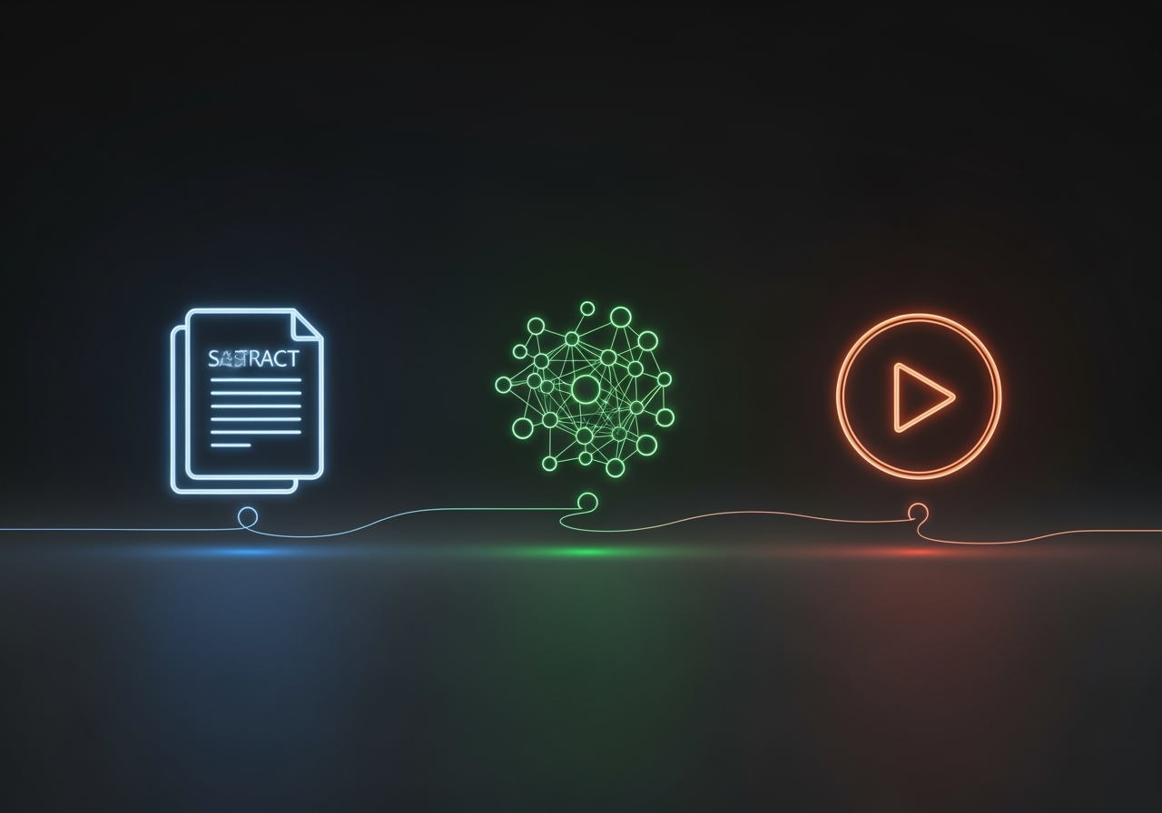 Three minimalist icons representing the text-to-video AI process: text input, AI processing, and video output.
