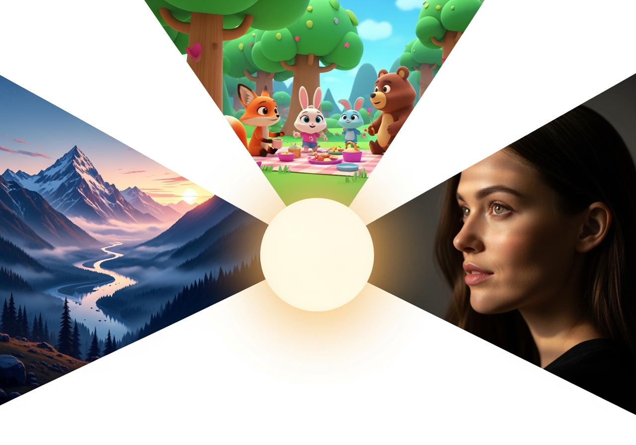 A central light source emitting three different video styles—fantasy, animation, and photorealism—illustrating creative versatility.