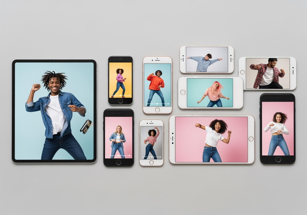 Multiple phone screens displaying different AI-generated dance videos, showcasing various creative use cases.