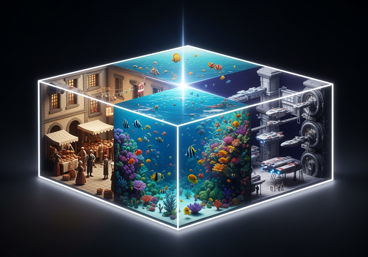 A digital prism creating multiple diverse scenes, symbolizing infinite creative possibilities.