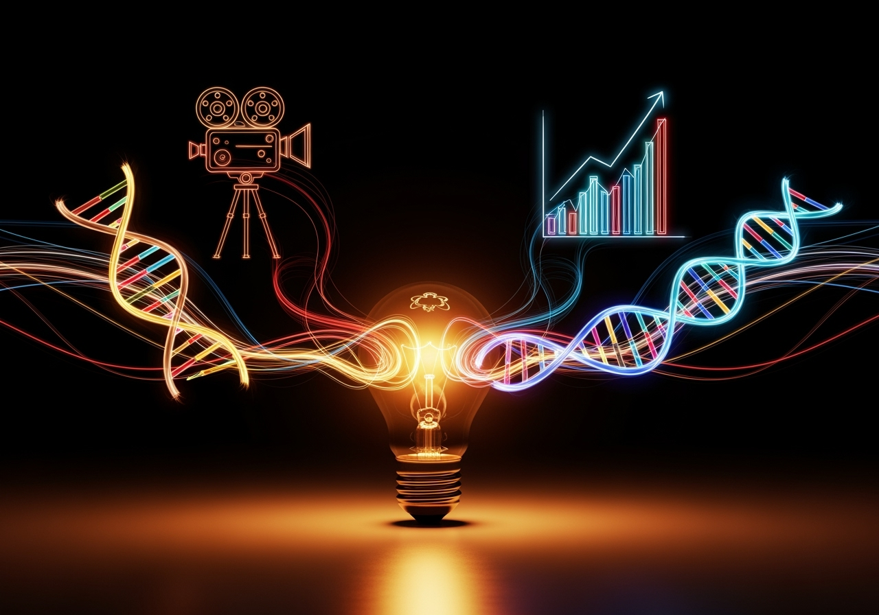 A lightbulb emitting streams of light that form shapes, representing the creative applications of AI video in various fields.