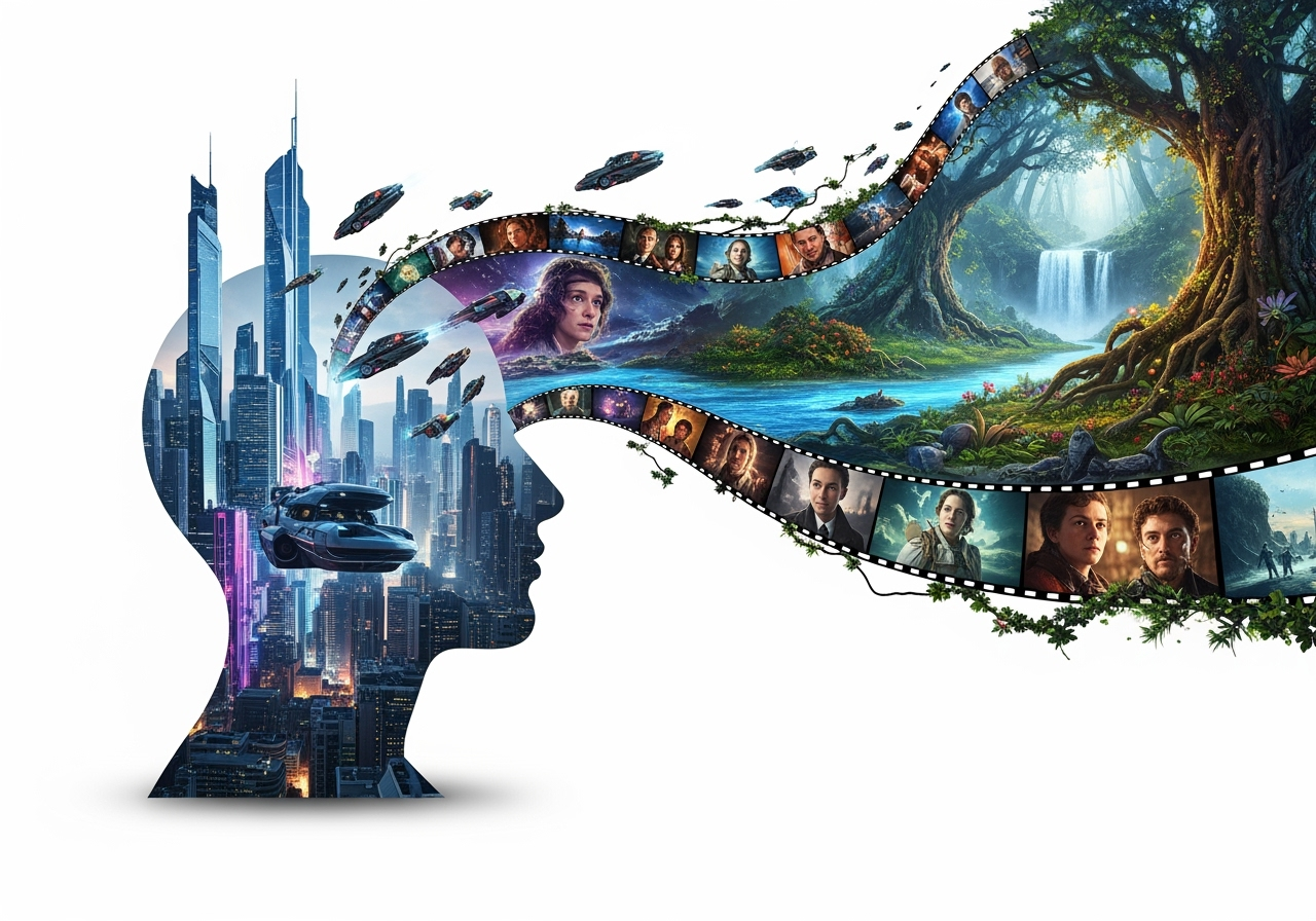 An abstract image of a person's imagination flowing into multiple video scenes, symbolizing creative freedom.