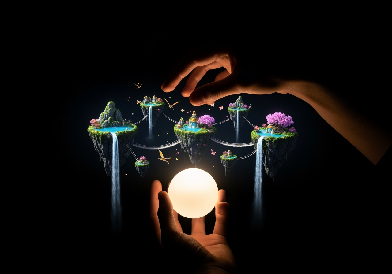 Hands holding a glowing orb that projects a fantasy world, symbolizing limitless creativity with AI video generation.