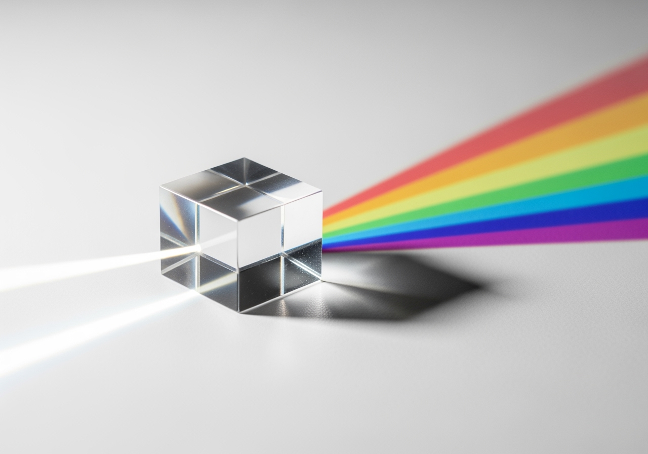 A crystal prism creating a vivid rainbow, symbolizing high-resolution, watermark-free AI output.