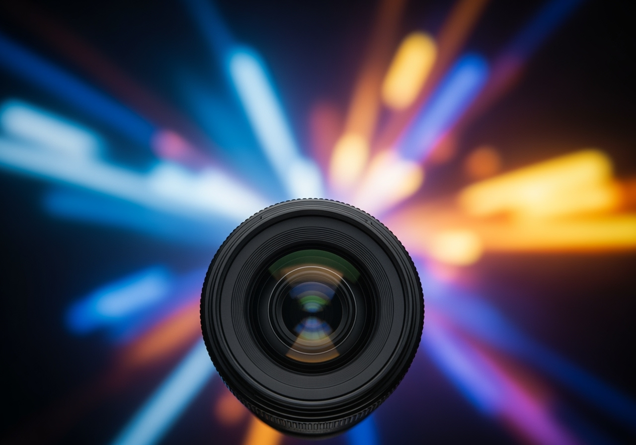 A modern camera lens focused on an abstract burst of cinematic light, representing high-quality AI video generation.