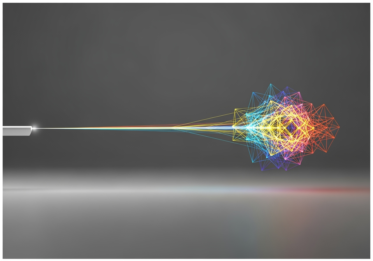 A simple line of light transforming into a complex pattern, representing an easy AI generation process.