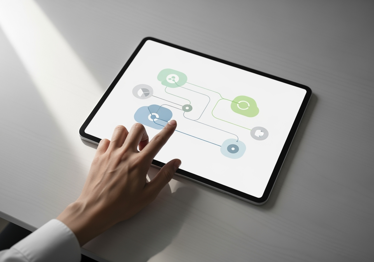 A top-down view of a hand using a tablet, illustrating the simple and clean process of creating AI videos.