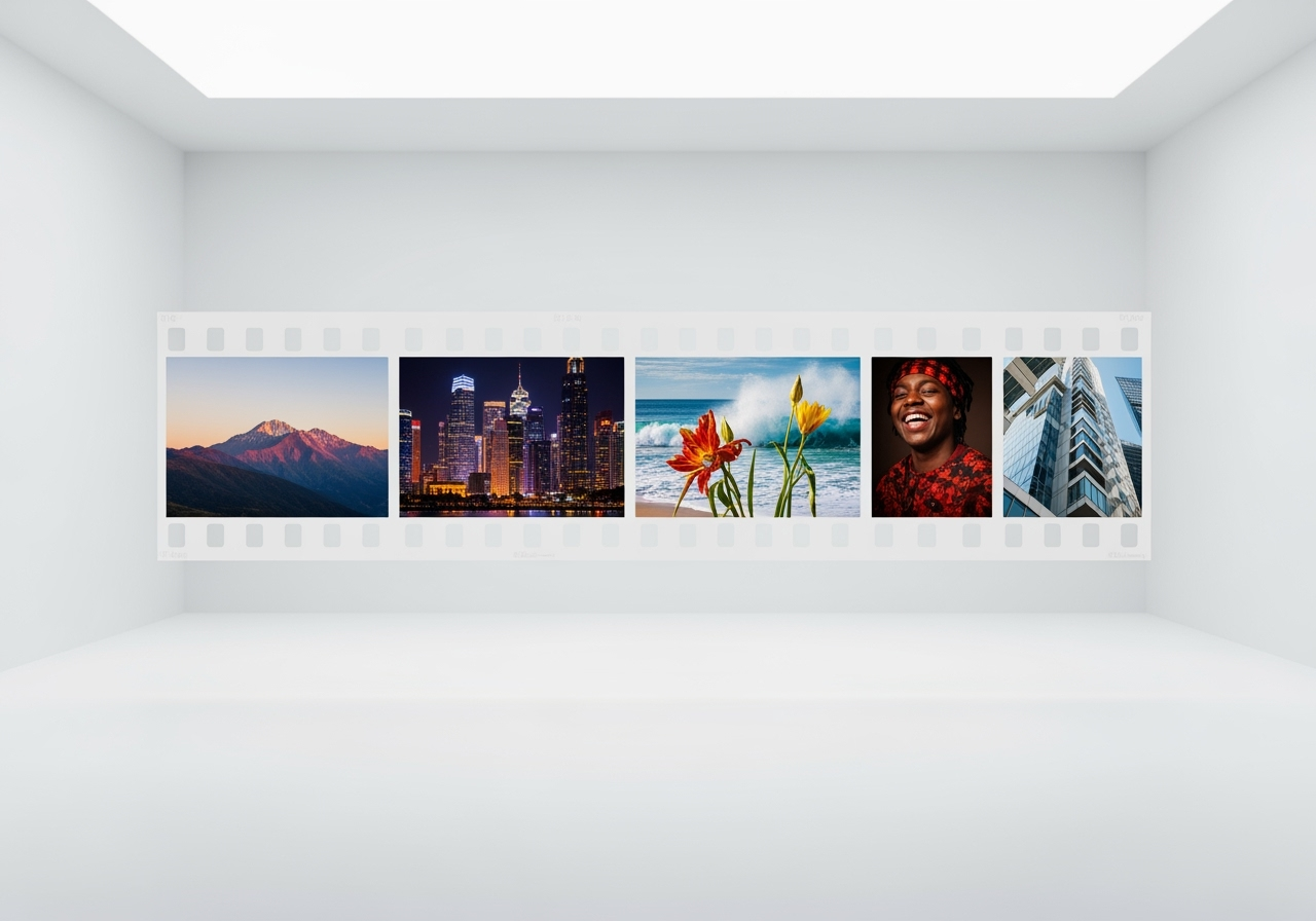 A floating film strip with diverse, high-quality scenes in each frame, symbolizing creative freedom and commercial use.