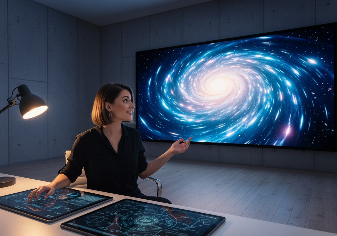 A creator in a modern studio is inspired by a stunning AI-generated video on a large screen, representing creative empowerment.