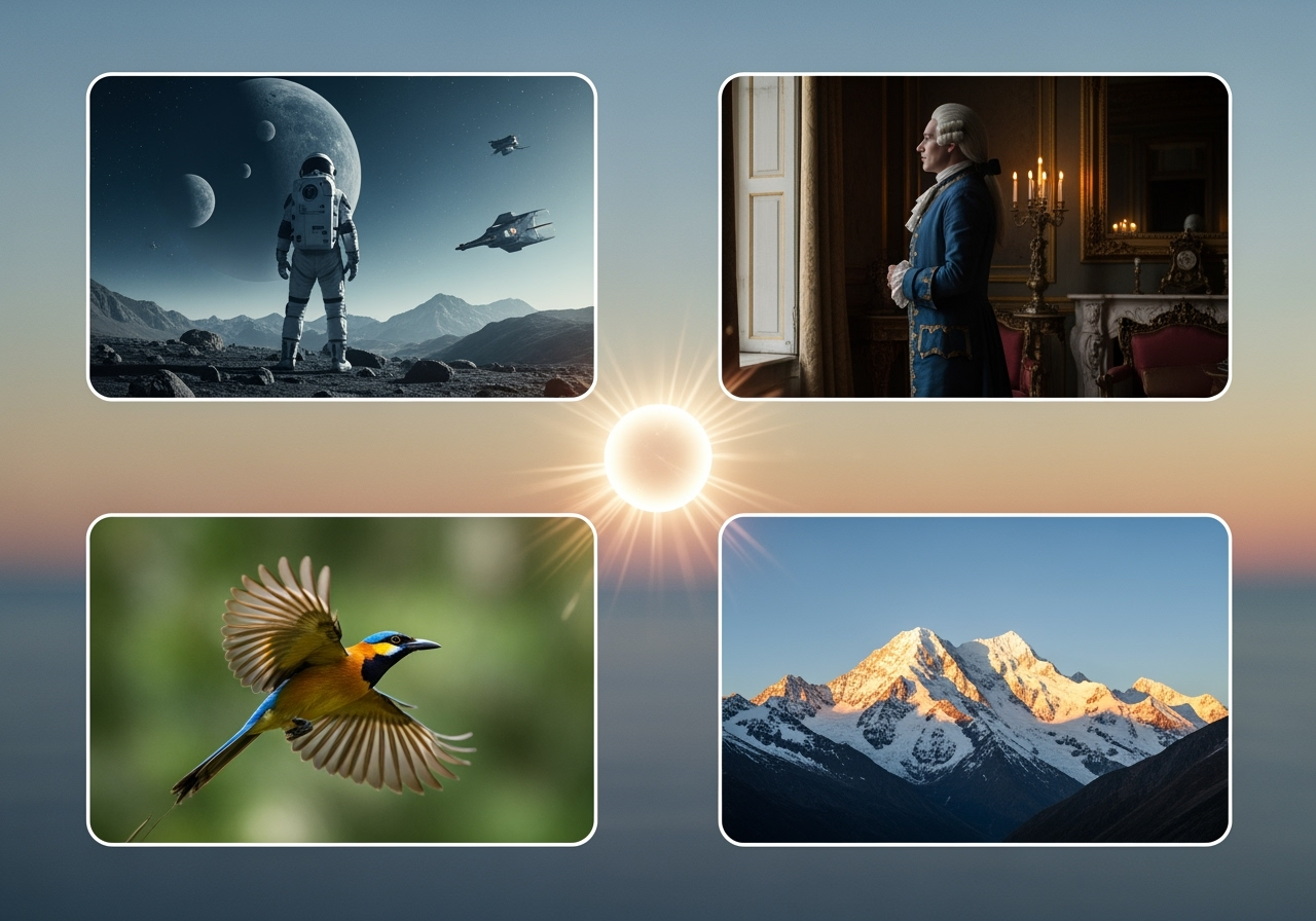 A central orb of light with different video scenes branching out, representing unlimited creative possibilities with AI.