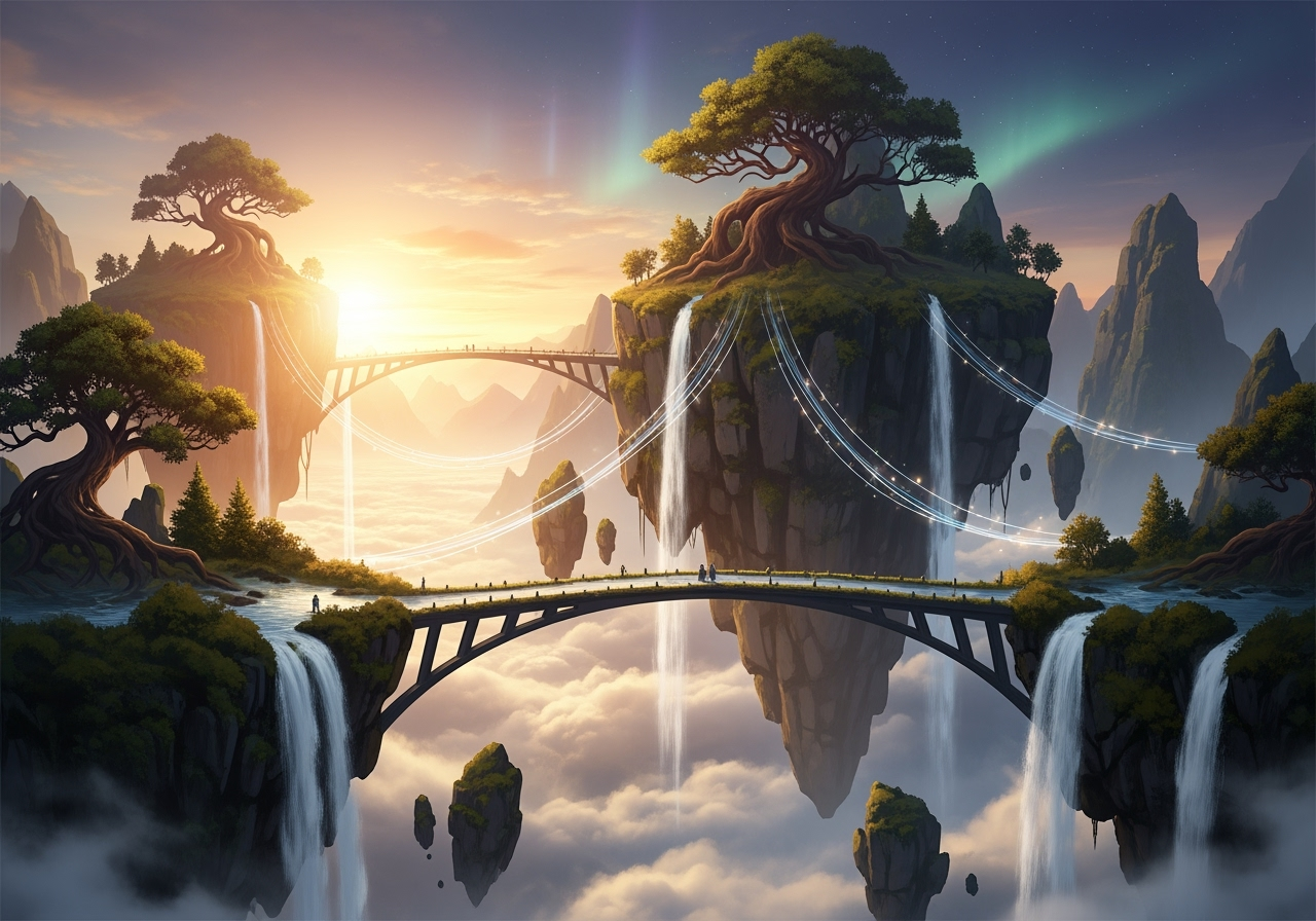 A breathtaking fantasy scene of floating islands at sunset, showcasing the visualization of imaginary concepts with AI.