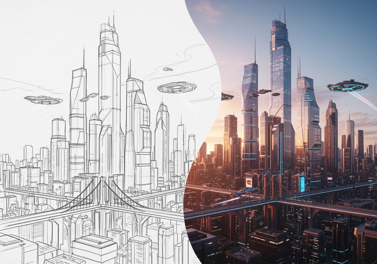 A pencil sketch of a futuristic city seamlessly transforming into a photorealistic render.