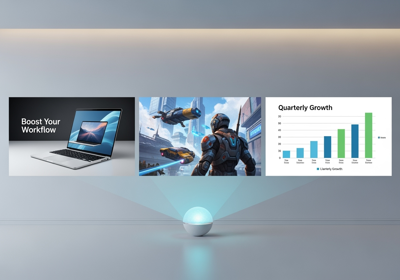 A central light source projecting three different professional images, symbolizing the creative and productivity benefits of using AI.