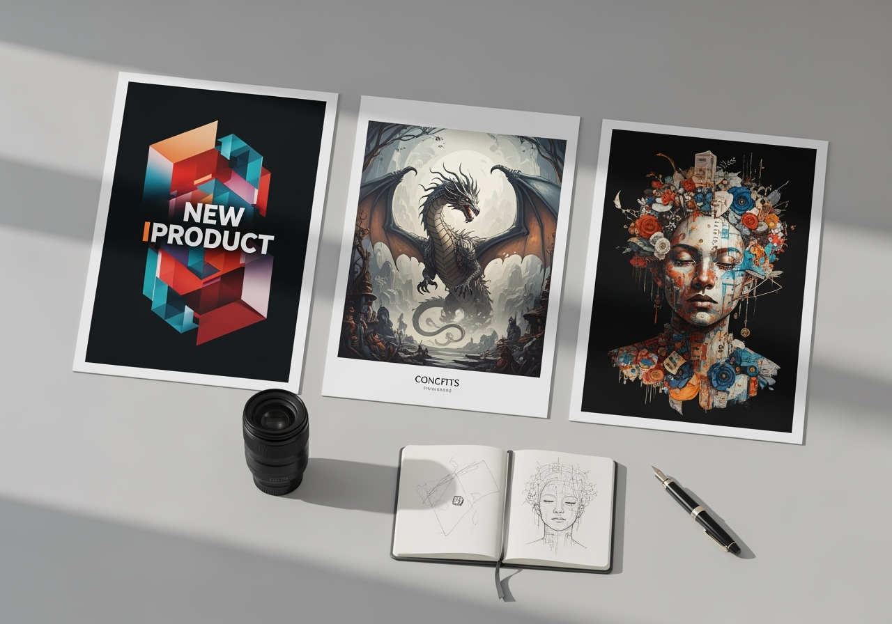 A modern desk with a variety of high-quality AI-generated images, showcasing creative uses for design and social media.