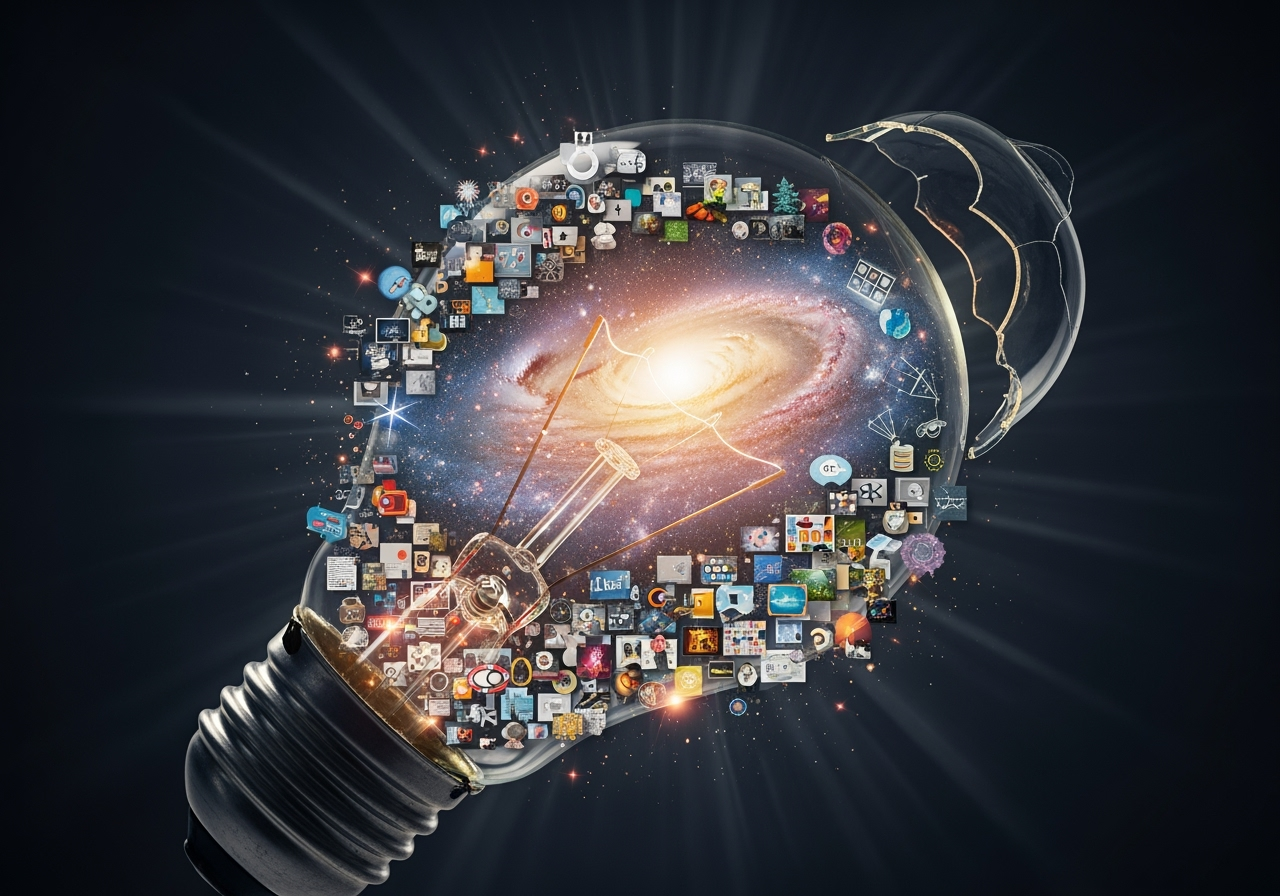 A lightbulb exploding into a galaxy of images, representing limitless creative exploration with AI.