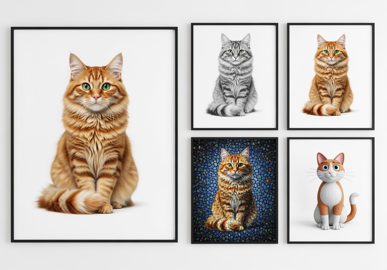 Four images of the same cat in different styles—photo, sketch, mosaic, and clay—showcasing the tool's creative versatility and efficiency.
