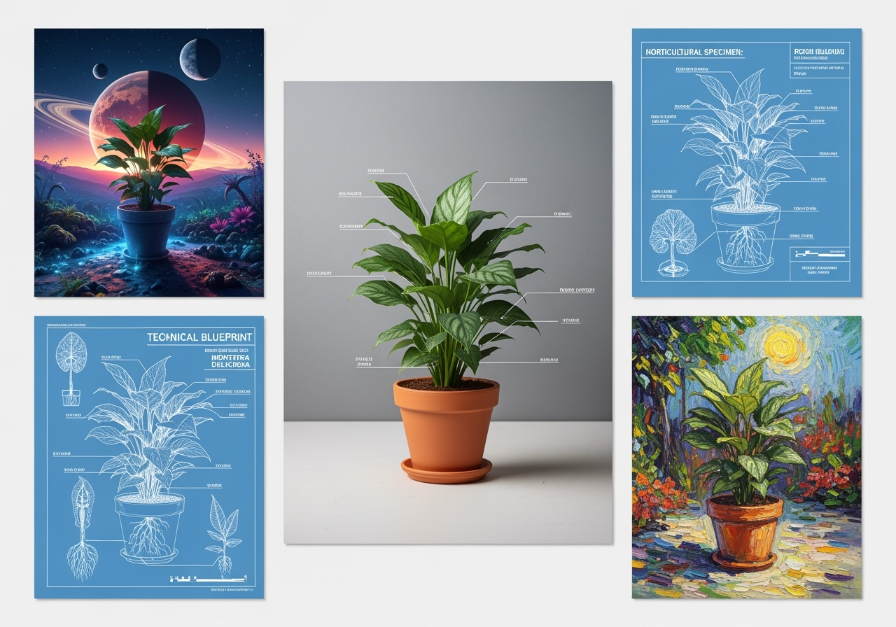 A mood board showing a single plant reimagined in various creative styles, representing diverse content creation possibilities.