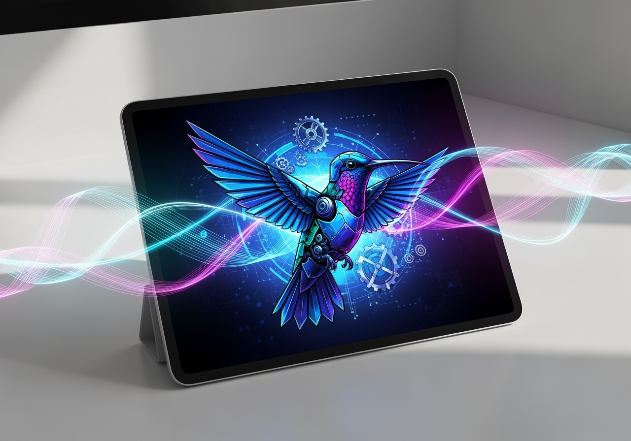 A tablet on a modern desk showing a vector art of a robotic hummingbird, with light trails indicating AI generation.