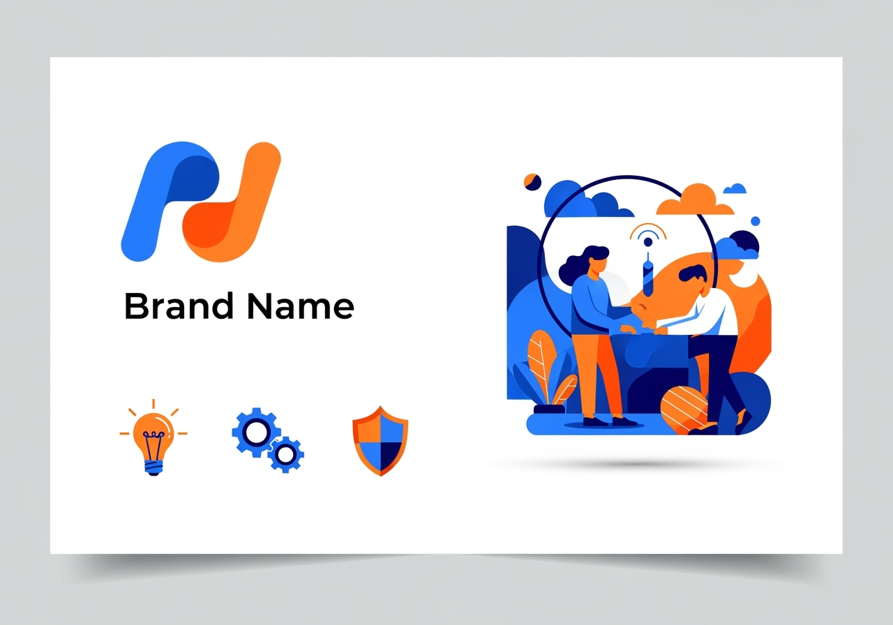 A minimalist digital mood board with a consistent set of vector brand assets in blue and orange.