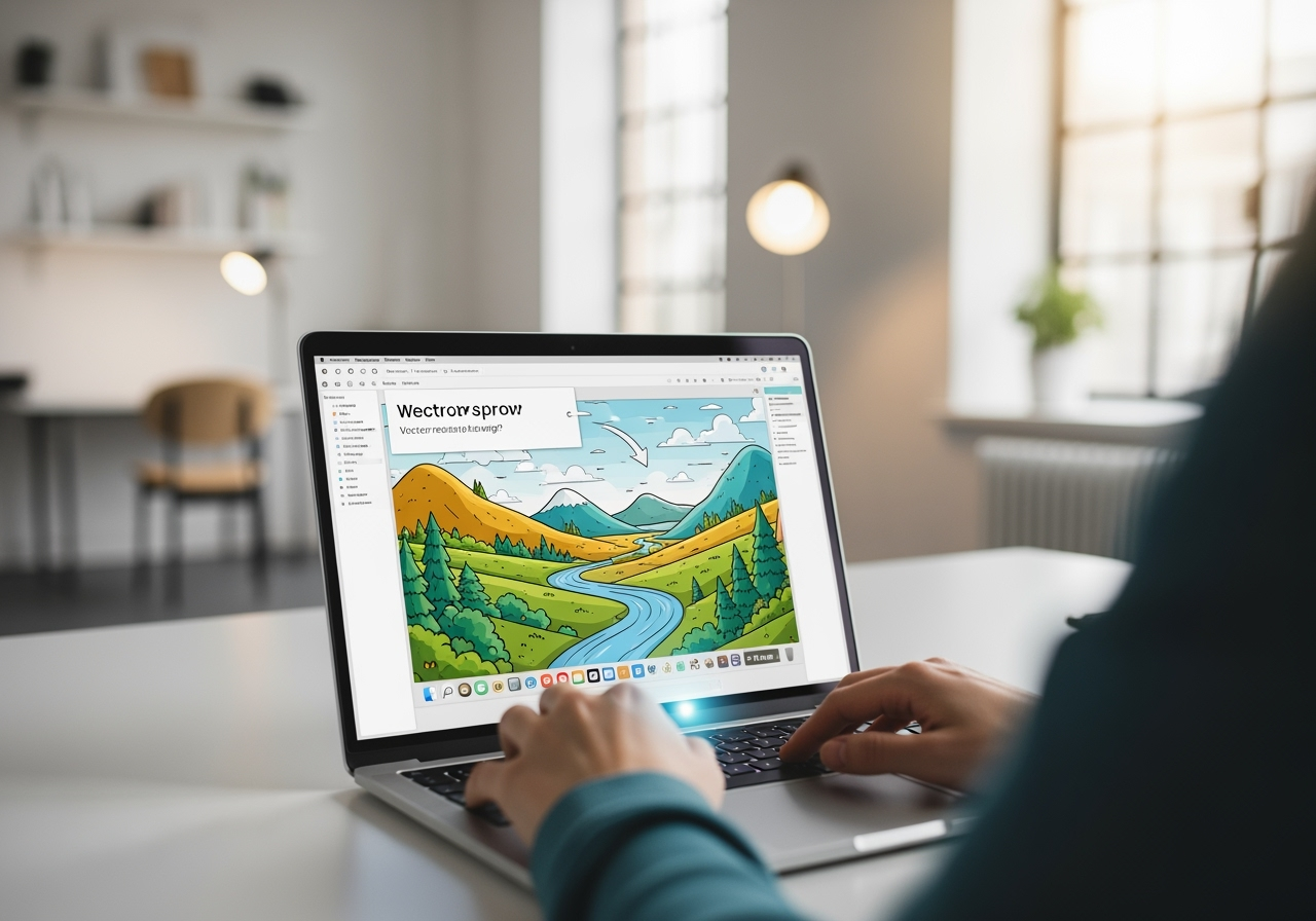 A view over a person's shoulder as a text prompt becomes a vector landscape on a laptop screen.