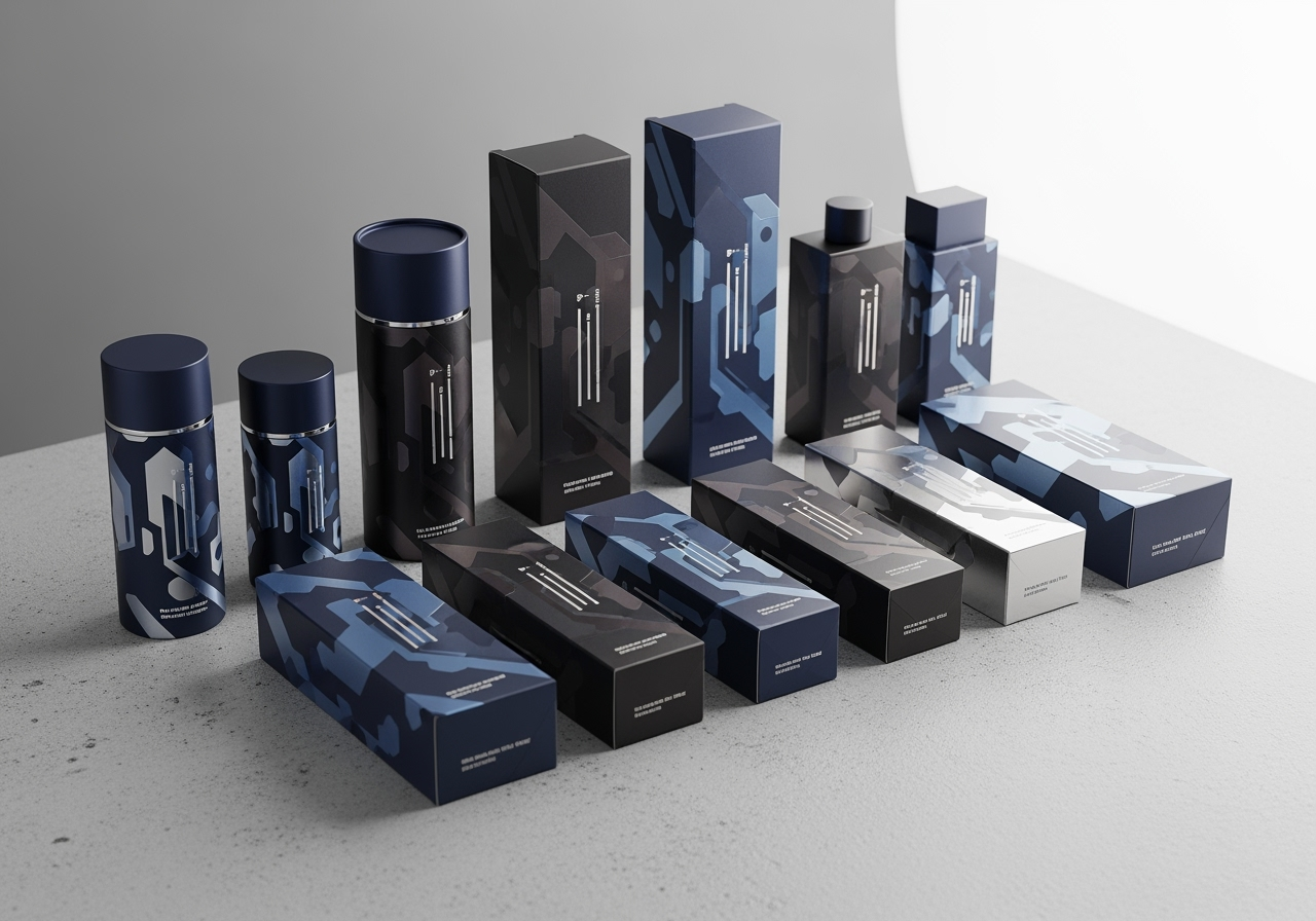 Professionally photographed minimalist product packaging with abstract designs, for commercial use.