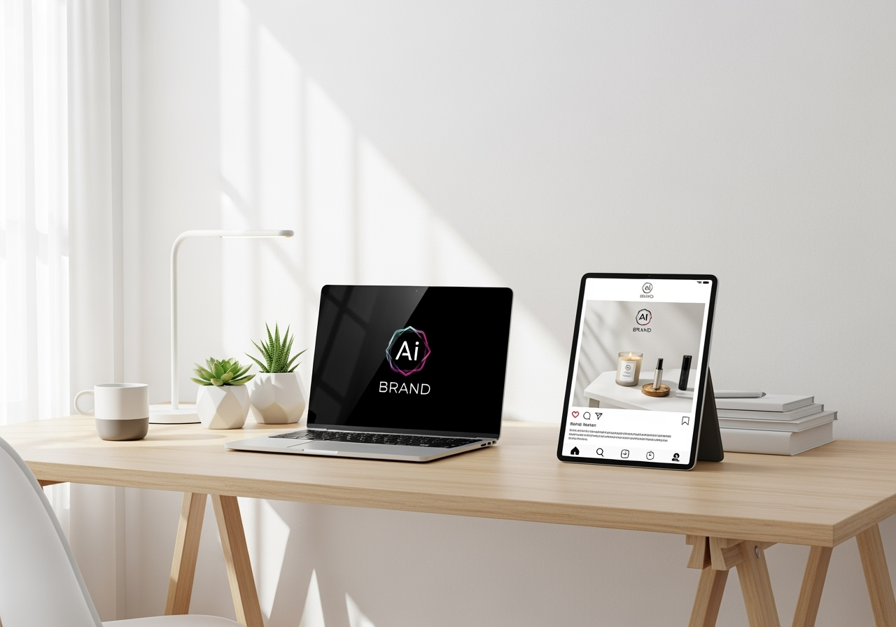 A clean workspace showing AI-generated professional brand assets like a logo and social media post.