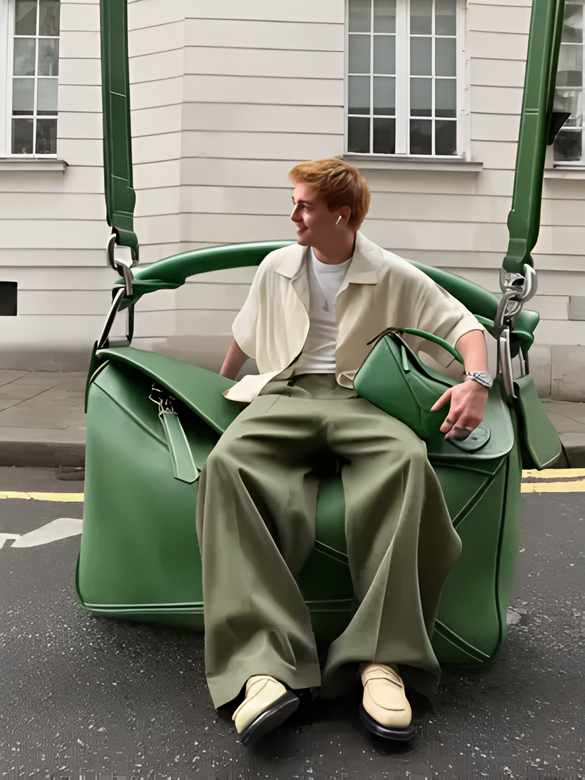 Applying the playful Higgsfield Soul concept to high fashion, a man sits on a giant green handbag in a surreal style statement.