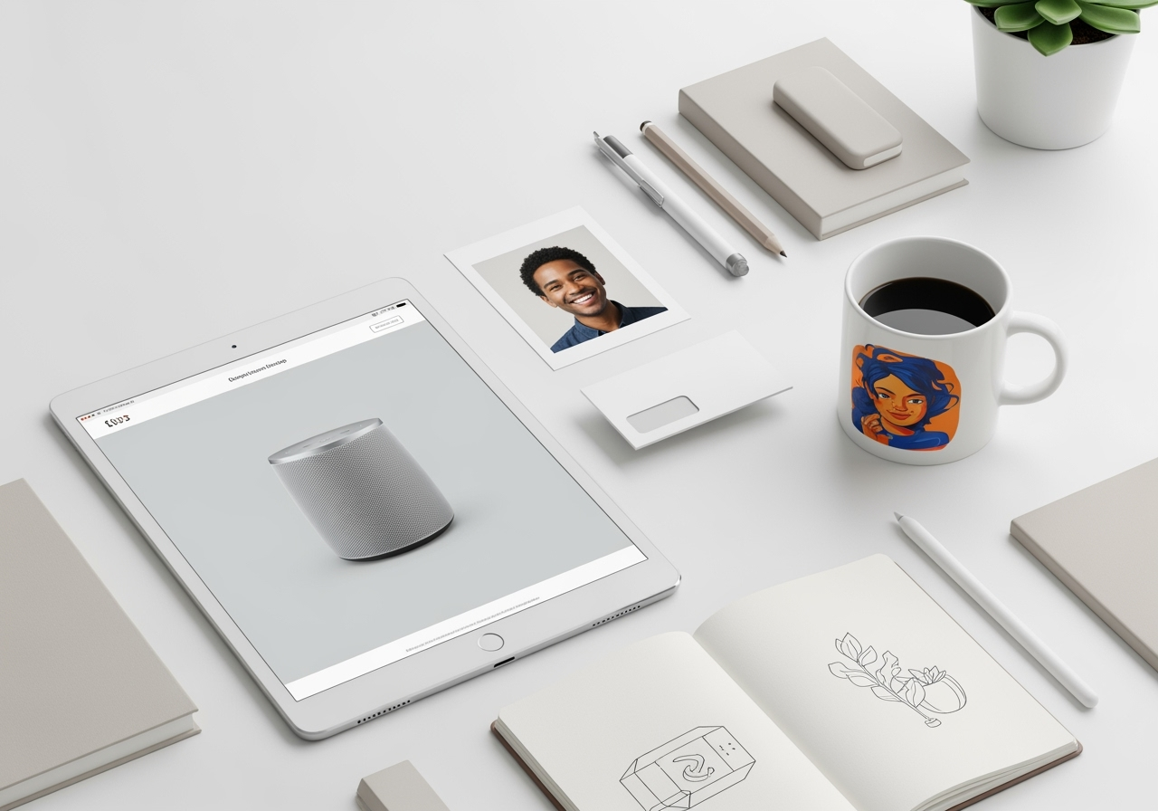 A desk with various creative projects like a website and mug, all using images with removed backgrounds to show versatility.