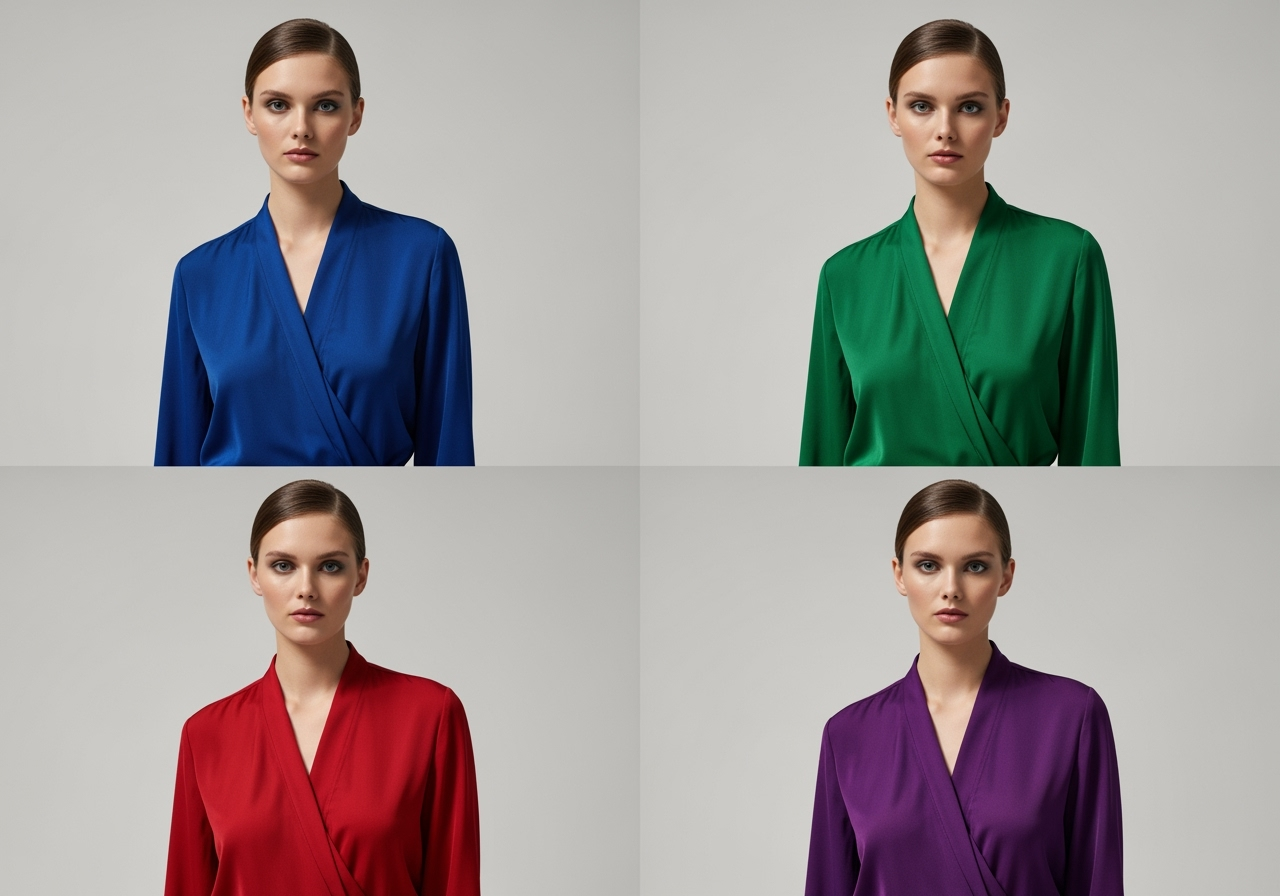 An e-commerce product grid showing the same model wearing four different blouses, created using AI.