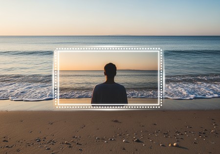 A visual metaphor for AI background expansion, where a small photo's frame extends to reveal a much larger, beautiful landscape.