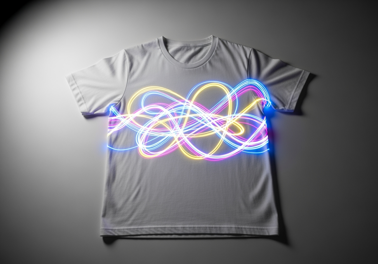 A new creative pattern being digitally added to a plain t-shirt, showcasing creative AI modification.