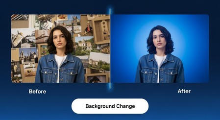 AI Blue Background Generator thumbnail with split-screen before/after comparison. Original image transforms to vibrant blue background with smooth gradient transition.