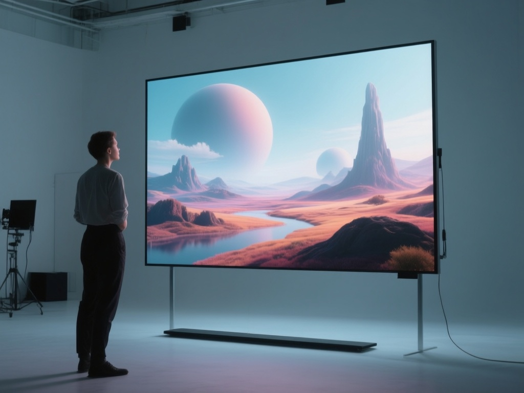 A content creator in a studio views a fantastical scene on a large screen, symbolizing the limitless creative possibilities of AI video.