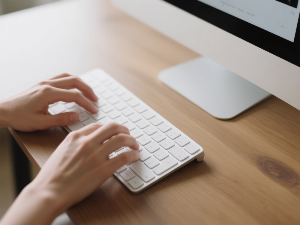 Top-down view of hands on a minimalist keyboard, symbolizing the ease of creating with AI.