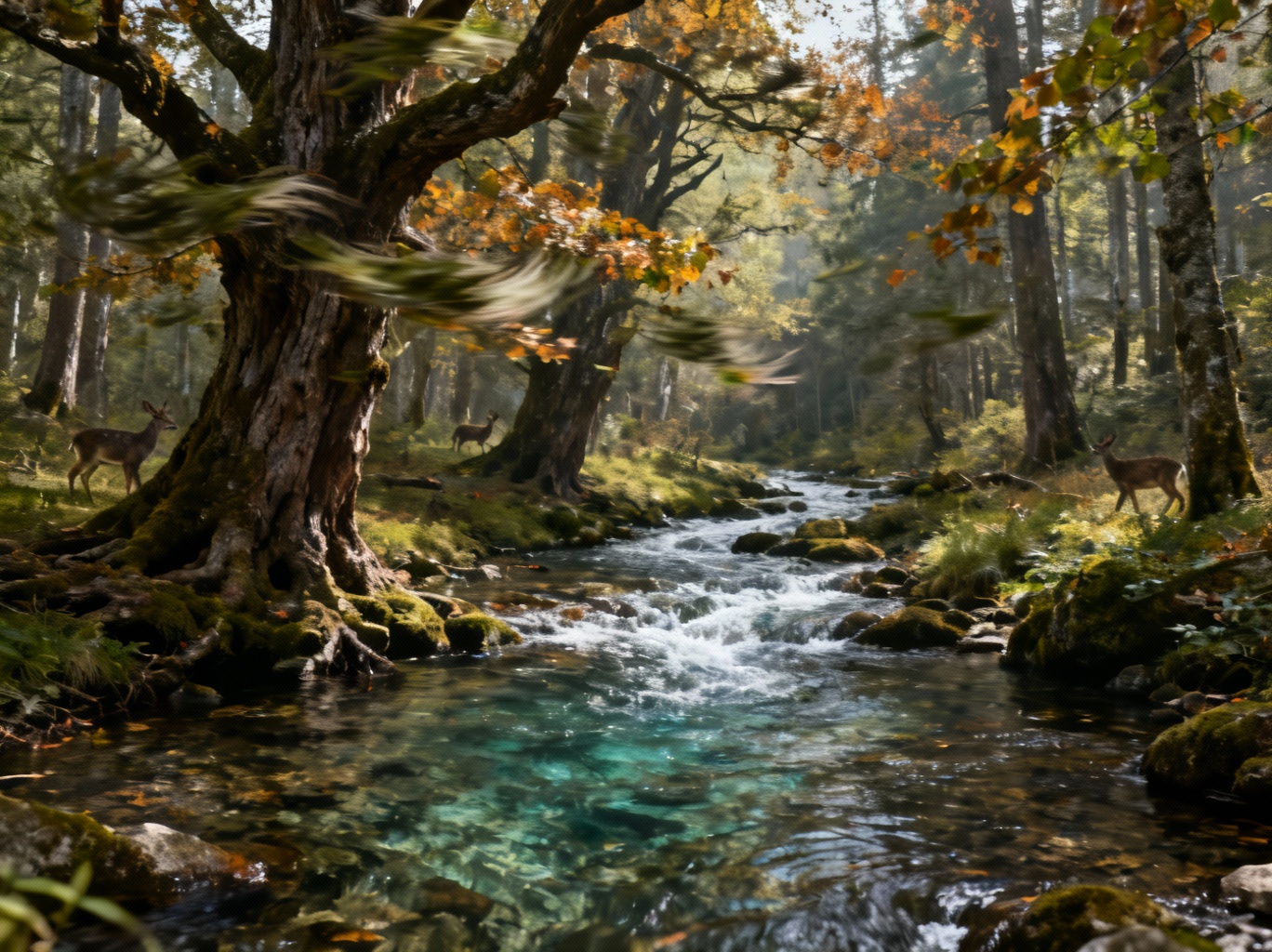 Sora 2 nature photography rendering serene forest scenes with authentic physics simulation. Crystal-clear streams, ancient trees, and natural wildlife behavior demonstrating Sora 2's photorealistic environmental image generation capabilities.