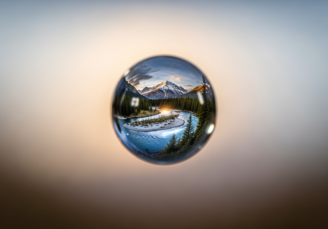 A drop of water reflecting a cinematic world, symbolizing limitless creativity.