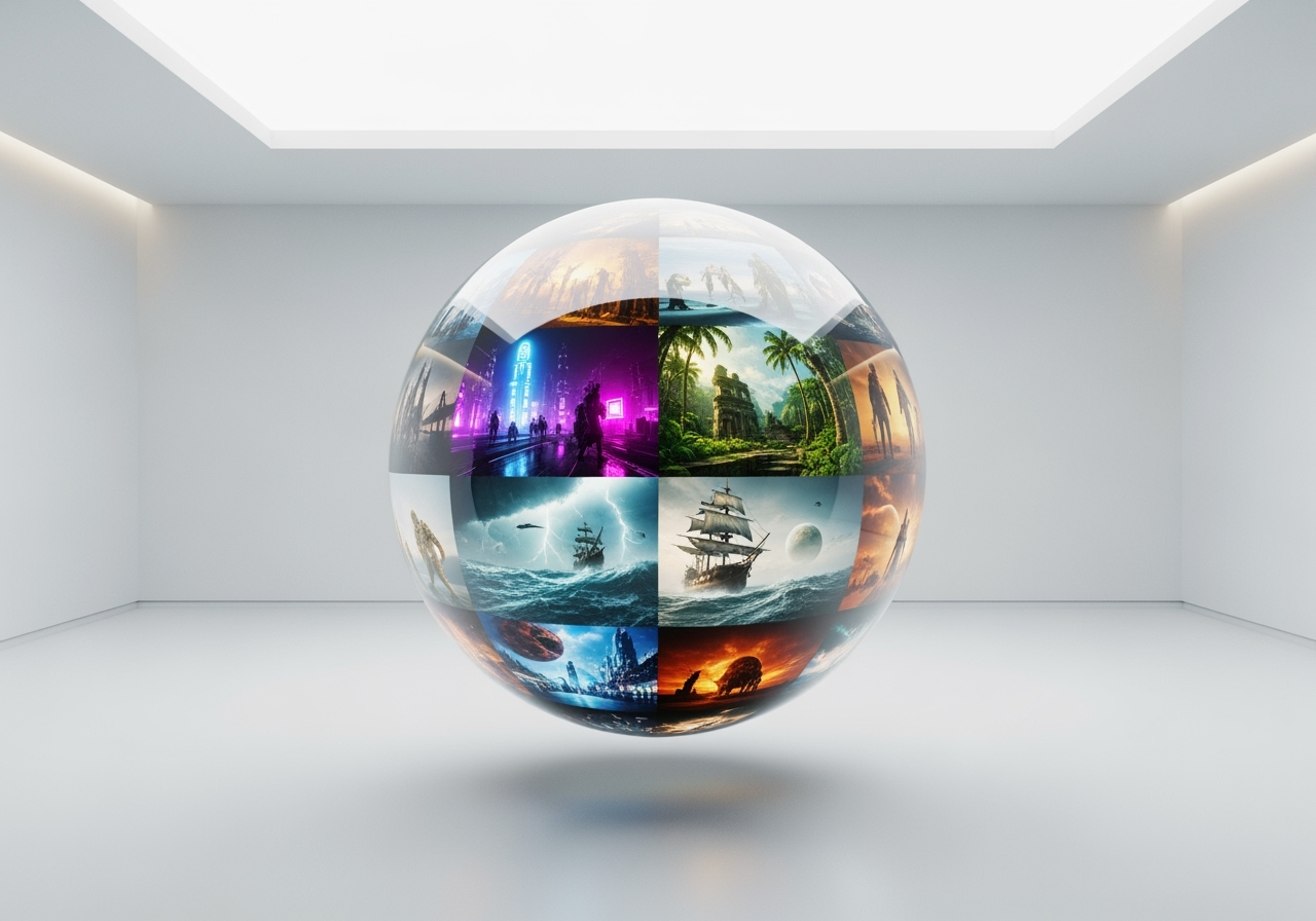 A polished chrome sphere reflecting diverse cinematic landscapes, representing a hub of AI models.