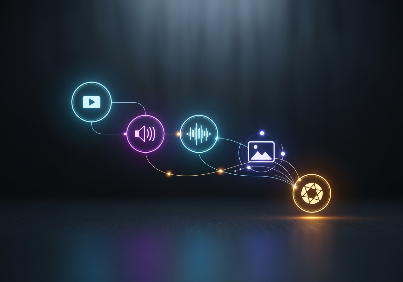 Interconnected nodes for video, audio, and image creation, representing an all-in-one creative workflow.