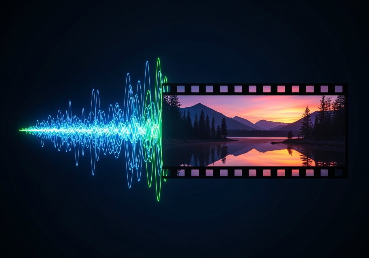 An abstract glowing soundwave turning into a cinematic video frame, symbolizing AI-generated audio and video.