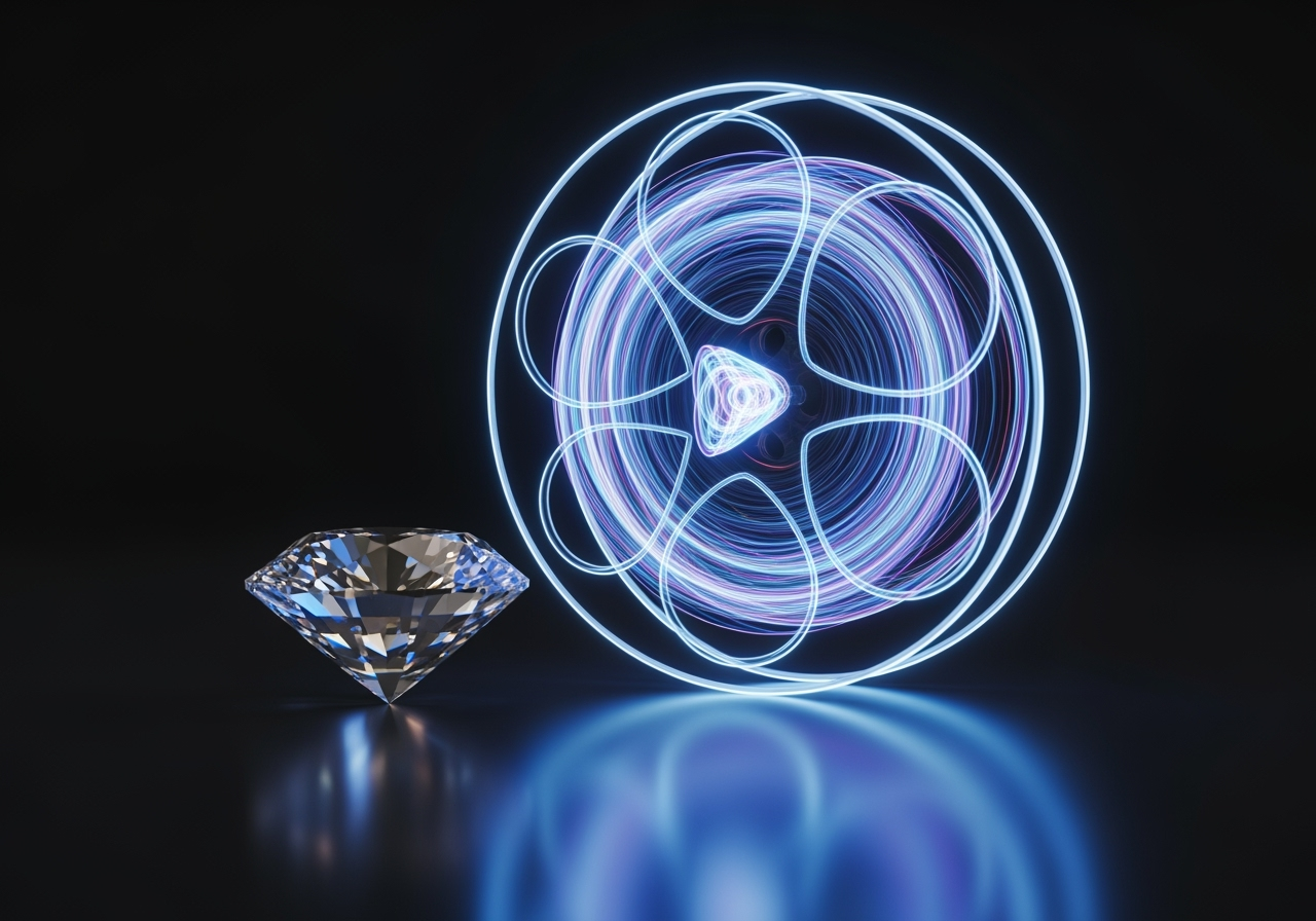 A glowing carat diamond next to a holographic film reel on a dark background, representing affordable video AI.