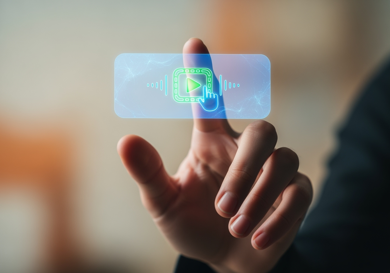 A hand touching a minimalist holographic icon for easy video generation.