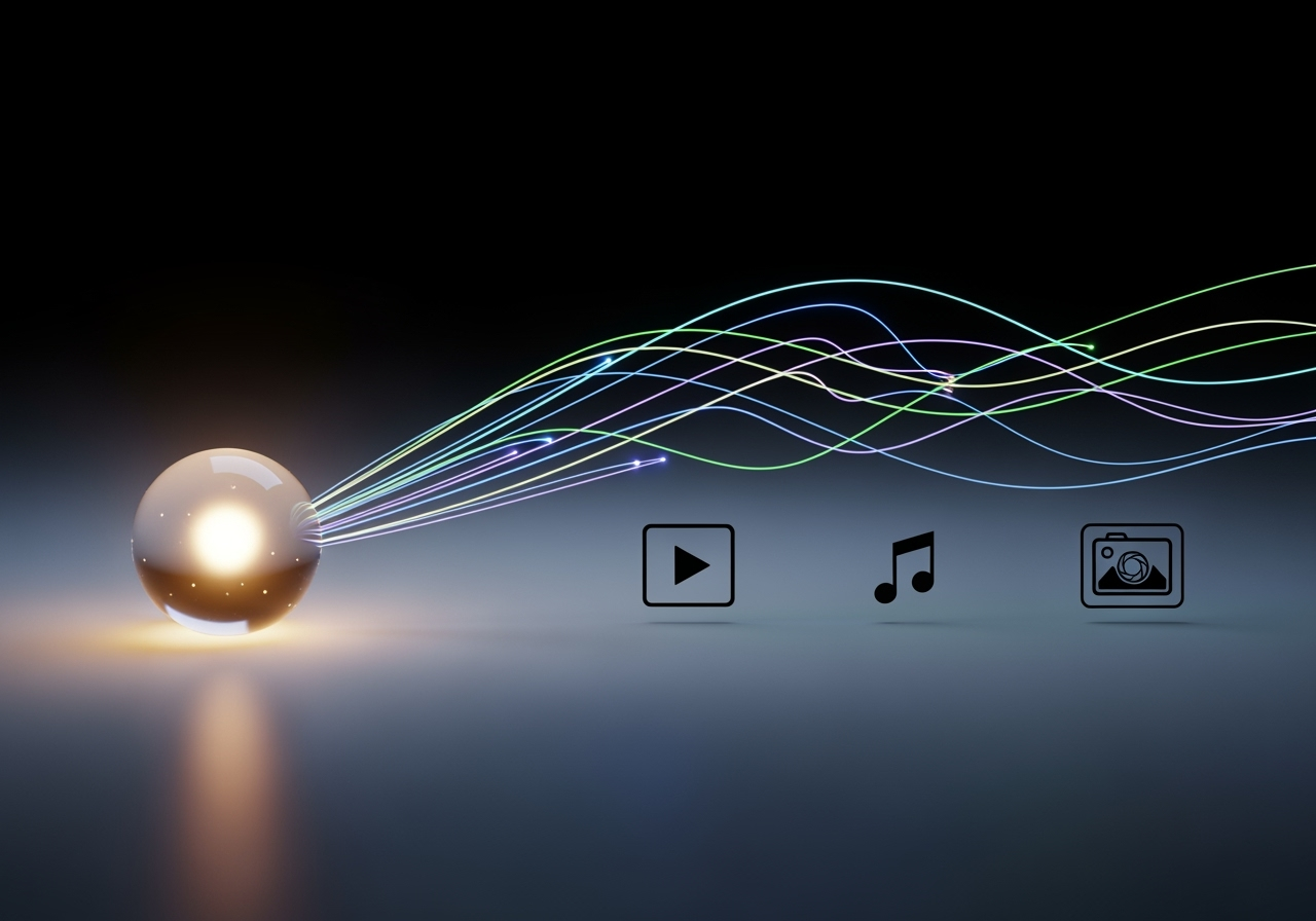 A central glowing hub connecting to minimalist icons for video, audio, and image AI.